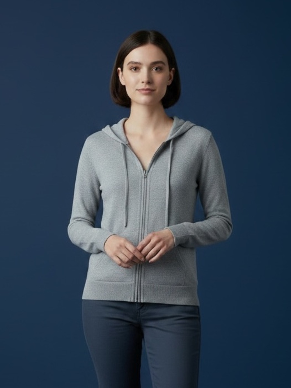 Eddie Bauer Women's Cotton Cashmere Zip Knit Hoodie Sweater Grey Small #2327